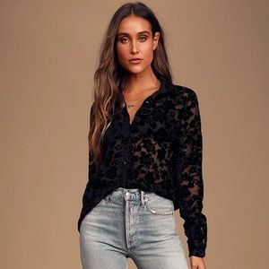 Black Velvet & Sheer Collared Button Down Top